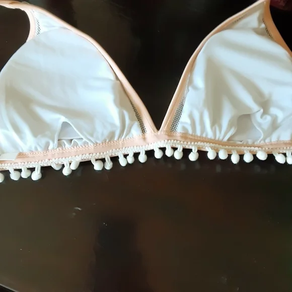 Peach Bikini Top with Mesh & White Pom Pom Tassels - Picture 7 of 8